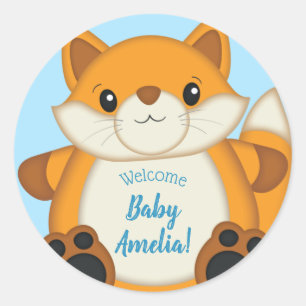 Fox Baby Shower Blue Classic Round Sticker