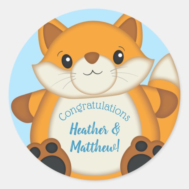 Fox Baby Shower Blue Classic Round Sticker (Front)
