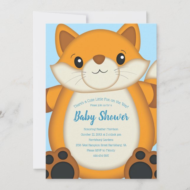 Fox Baby Shower Blue Invitation (Front)