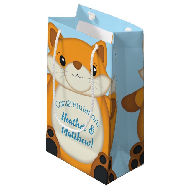Fox Baby Shower Blue Woodland Small Gift Bag (Front Angled)