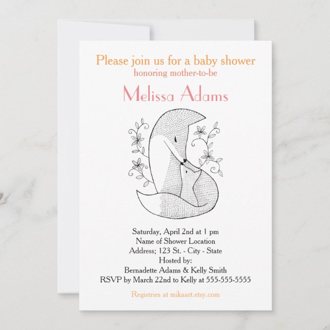 Fox Baby Shower Invitation Woodland Fox Mum & Baby (Front)