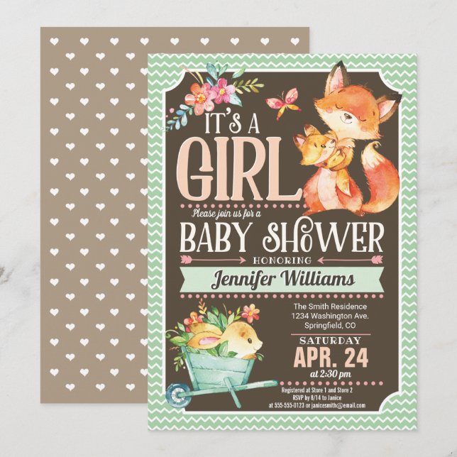Fox Baby Shower Invitation, Woodland Girl Invitation (Front/Back)
