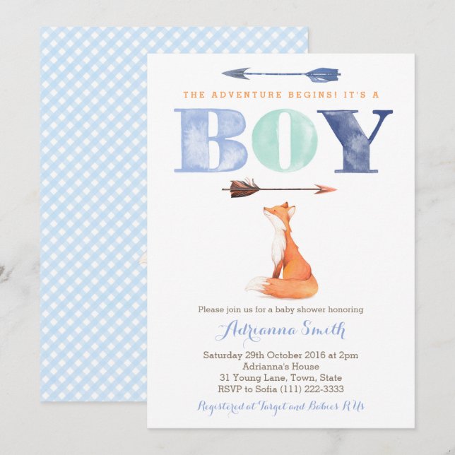 fox baby shower invites, boy fall baby sprinkle invitation (Front/Back)