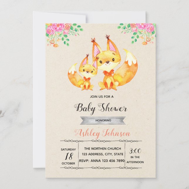 Fox baby shower party invitation (Front)