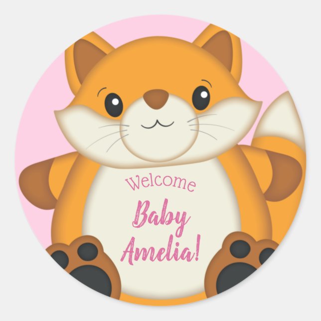 Fox Baby Shower Pink Classic Round Sticker (Front)