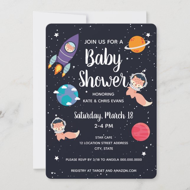 Fox Baby Shower Space Navy Galaxy Baby Shower Invitation (Front)