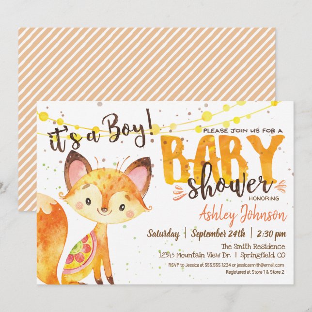 Fox Baby Shower Woodland invitation Boy (Front/Back)