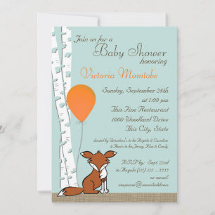 Fox Balloon and Birch Woodland Baby Shower Invitation
