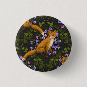 Fox, bellflowers and ivy, green, orange and viole 3 Cm Round Badge