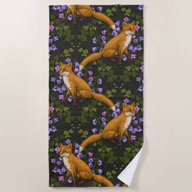  Fox, bellflowers and ivy, green, orange and viole Beach Towel (Front)