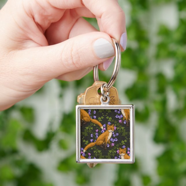  Fox, bellflowers and ivy, green, orange and viole Key Ring (Hand)