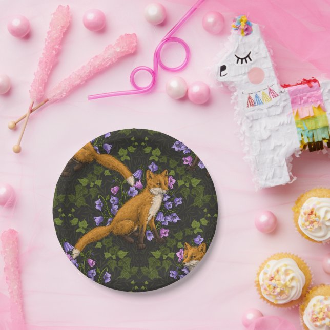  Fox, bellflowers and ivy, green, orange and viole Paper Plate (Party)