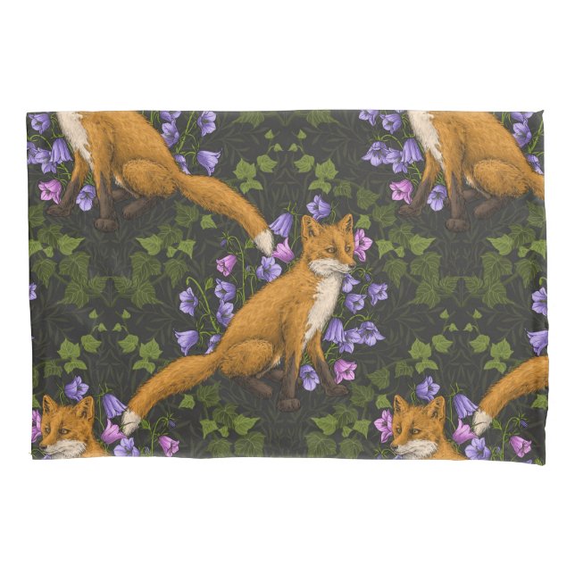  Fox, bellflowers and ivy, green, orange and viole Pillowcase (Front-Left)