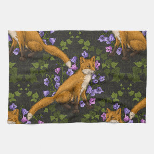  Fox, bellflowers and ivy, green, orange and viole Tea Towel
