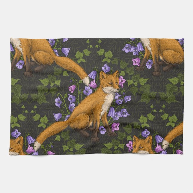  Fox, bellflowers and ivy, green, orange and viole Tea Towel (Horizontal)