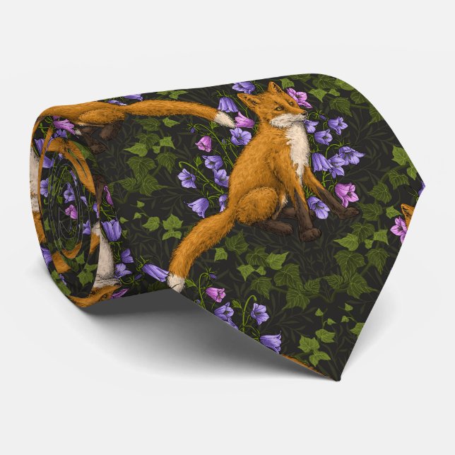  Fox, bellflowers and ivy, green, orange and viole Tie (Rolled)