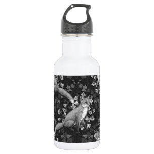 Fox, bellflowers and ivy, monochrome, silver wall 532 Ml Water Bottle