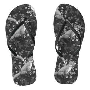  Fox, bellflowers and ivy, monochrome, silver wall Flip Flops