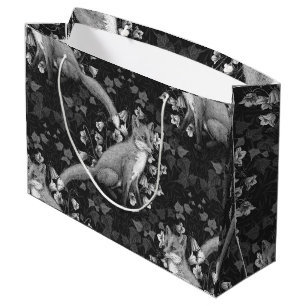  Fox, bellflowers and ivy, monochrome, silver wall Large Gift Bag