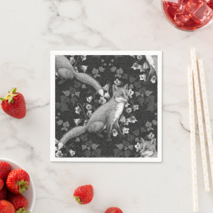 Fox, bellflowers and ivy, monochrome, silver wall Napkin