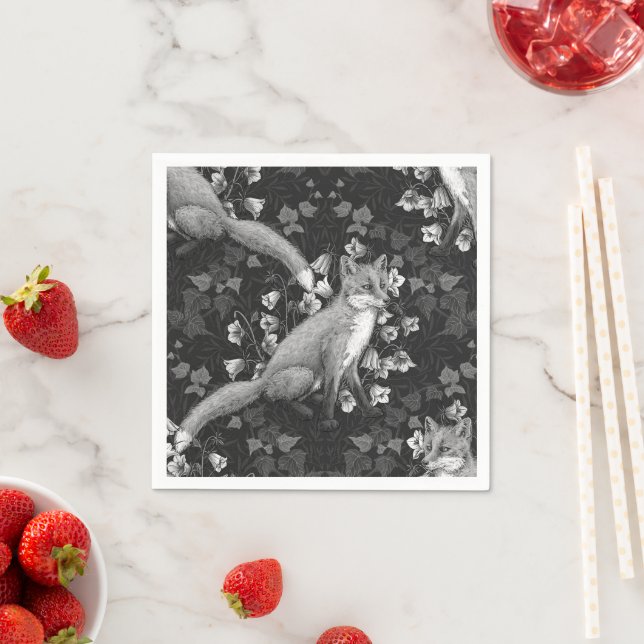  Fox, bellflowers and ivy, monochrome, silver wall Napkin (Insitu)