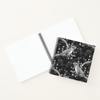  Fox, bellflowers and ivy, monochrome, silver wall Notebook