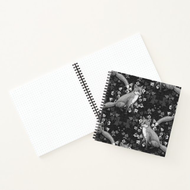  Fox, bellflowers and ivy, monochrome, silver wall Notebook (Inside)