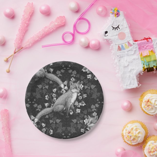  Fox, bellflowers and ivy, monochrome, silver wall Paper Plate (Party)