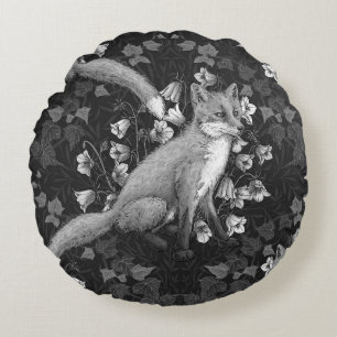  Fox, bellflowers and ivy, monochrome, silver wall Round Cushion