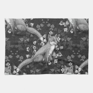  Fox, bellflowers and ivy, monochrome, silver wall Tea Towel