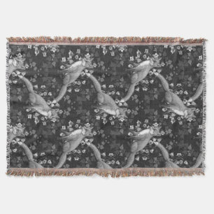 Fox, bellflowers and ivy, monochrome, silver wall Throw Blanket