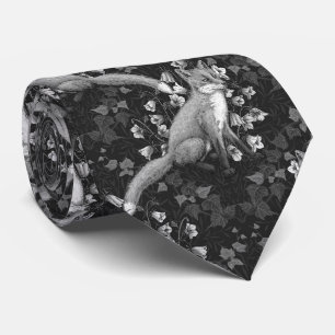 Fox, bellflowers and ivy, monochrome, silver wall Tie