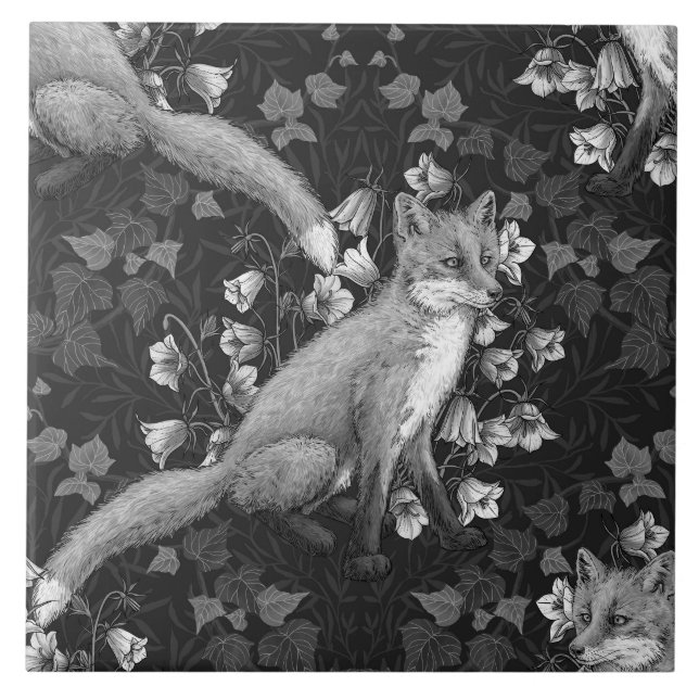  Fox, bellflowers and ivy, monochrome, silver wall Tile (Front)
