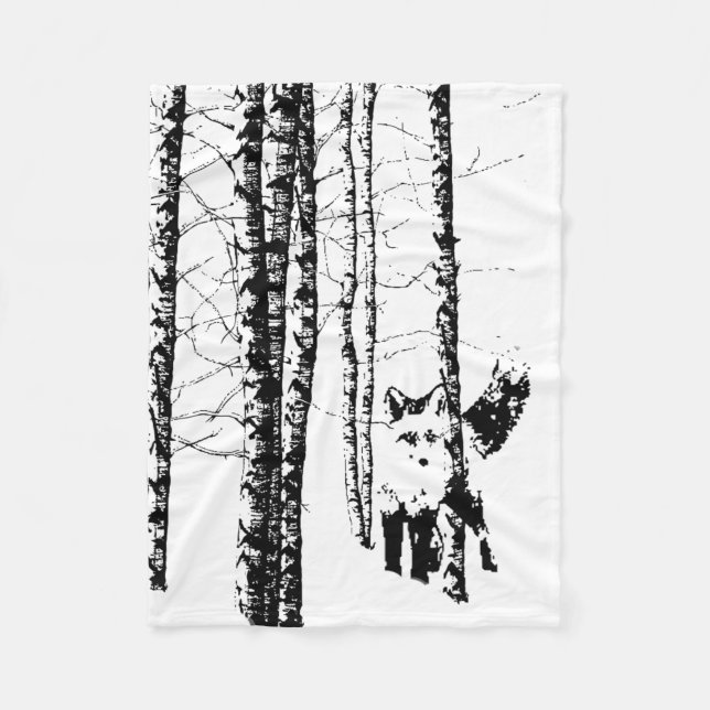 Fox Birch Tree Forest Animal Silhouette Nature Art Fleece Blanket (Front)
