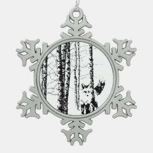 Fox Birch Tree Forest Animal Silhouette Nature Art Snowflake Pewter Christmas Ornament