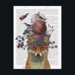 Fox Birdkeeper with Artichoke Postcard<br><div class="desc">Fox Birdkeeper with Artichoke by Fab Funky.  Fox posing with birds and an artichoke atop its head. Has a book page for a background. | 192164D</div>