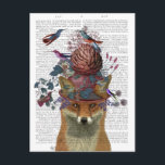 Fox Birdkeeper with Artichoke Postcard<br><div class="desc">Fox Birdkeeper with Artichoke by Fab Funky.  Fox posing with birds and an artichoke atop its head. Has a book page for a background. | 192164D</div>