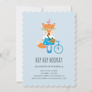 Fox birthday party. Baby girl. Animal kids blue Invitation