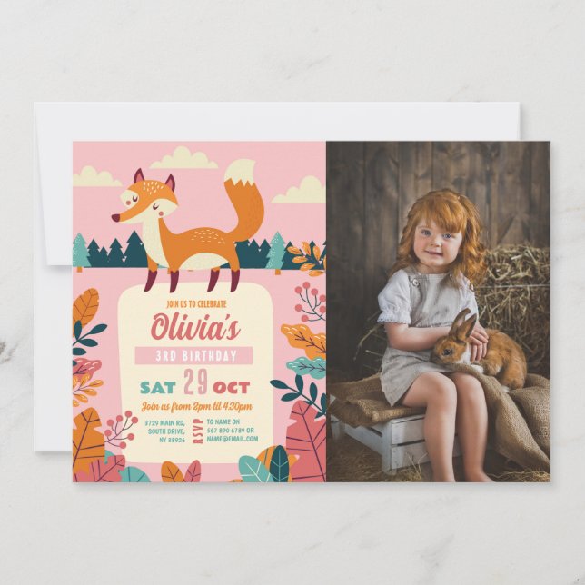 Fox Birthday Party Forest Theme Photo Pink Girl Invitation (Front)