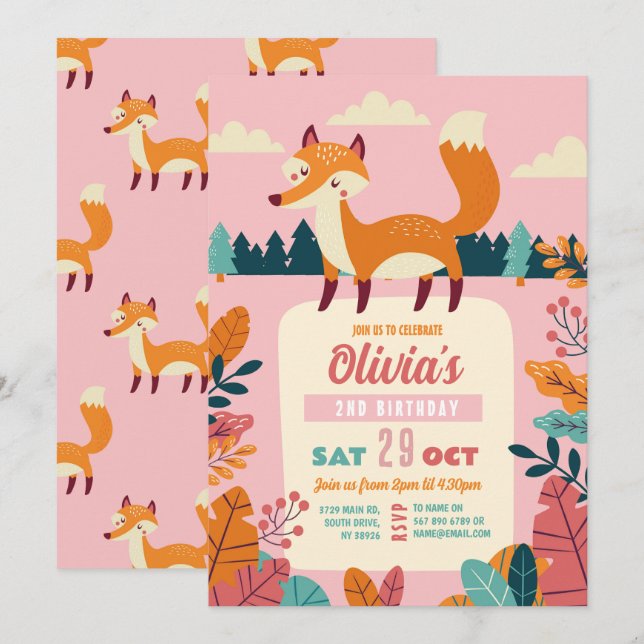 Fox Birthday Party Forest Theme Woods Pink Girl Invitation (Front/Back)