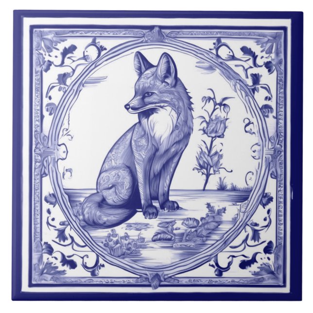Fox Blue and White Asian Style Folk Animal Art Tile (Front)