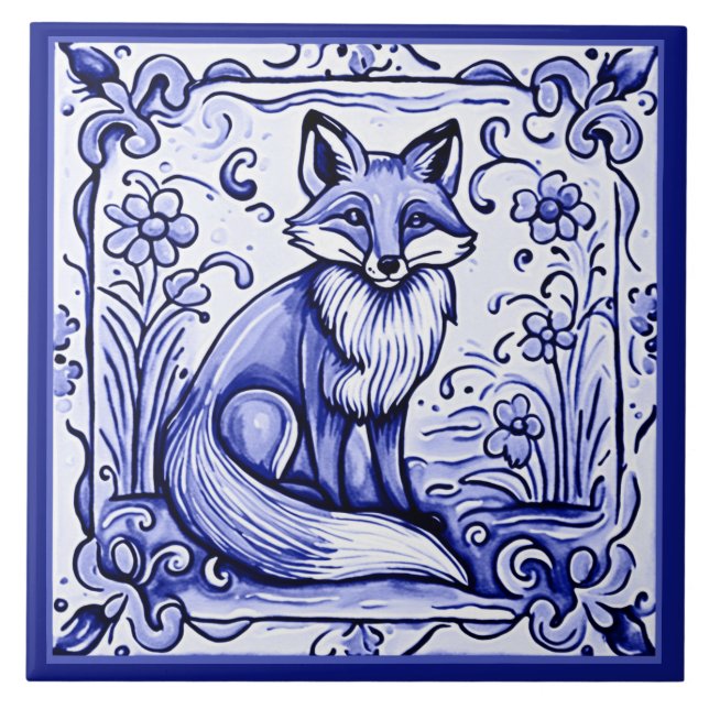 Fox Blue and White Mediterranean Folk Animal Art Tile (Front)