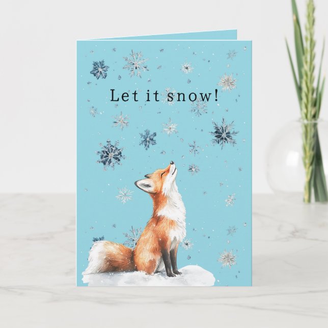 Fox Blue Snowflakes Christmas Let it Snow Card (Front)