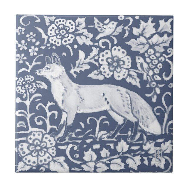 Fox Blue White Woodland Bird Leaves Denim  Faces L Tile (Front)
