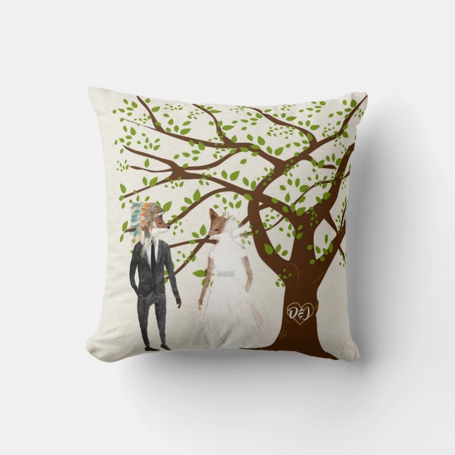 Fox Bride and Groom with Tree Initials Cushion (Front)