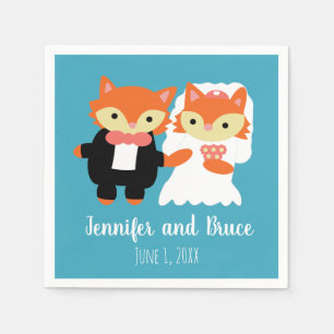 Fox Bride Groom Wedding Blue Turquoise Personalise Napkin
