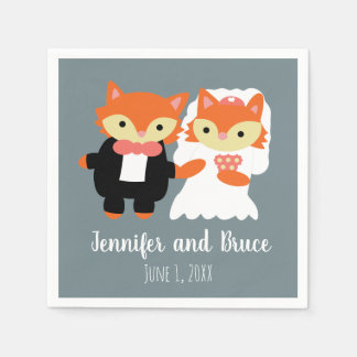 Fox Bride Groom Wedding Grey Cute Personalise Napkin