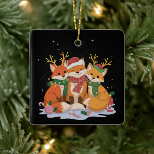 Fox Christmas Lights Santa Xmas Forest Animal Ceramic Ornament