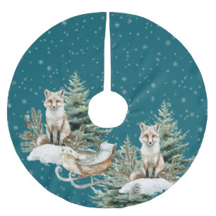Fox Christmas Tree Sleigh Snowflakes Brushed Polyester Tree Skirt