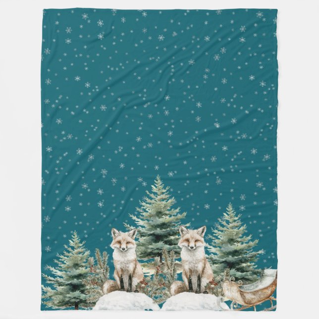 Fox Christmas Tree Sleigh Snowflakes  Fleece Blanket (Front)